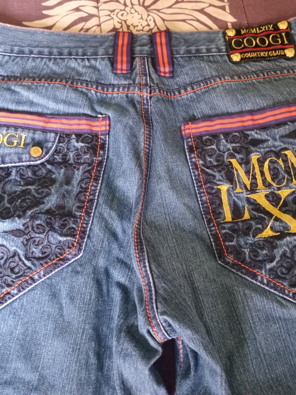 COOGI Men's Blue Denim Jeans with Gold Embroidery and Purple Trim